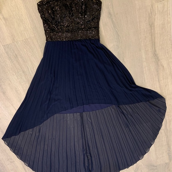 B Darlin Black Sequins Navy Blue Pleated Sheer Strapless High Low Dress Size 3/4 - Picture 2 of 6